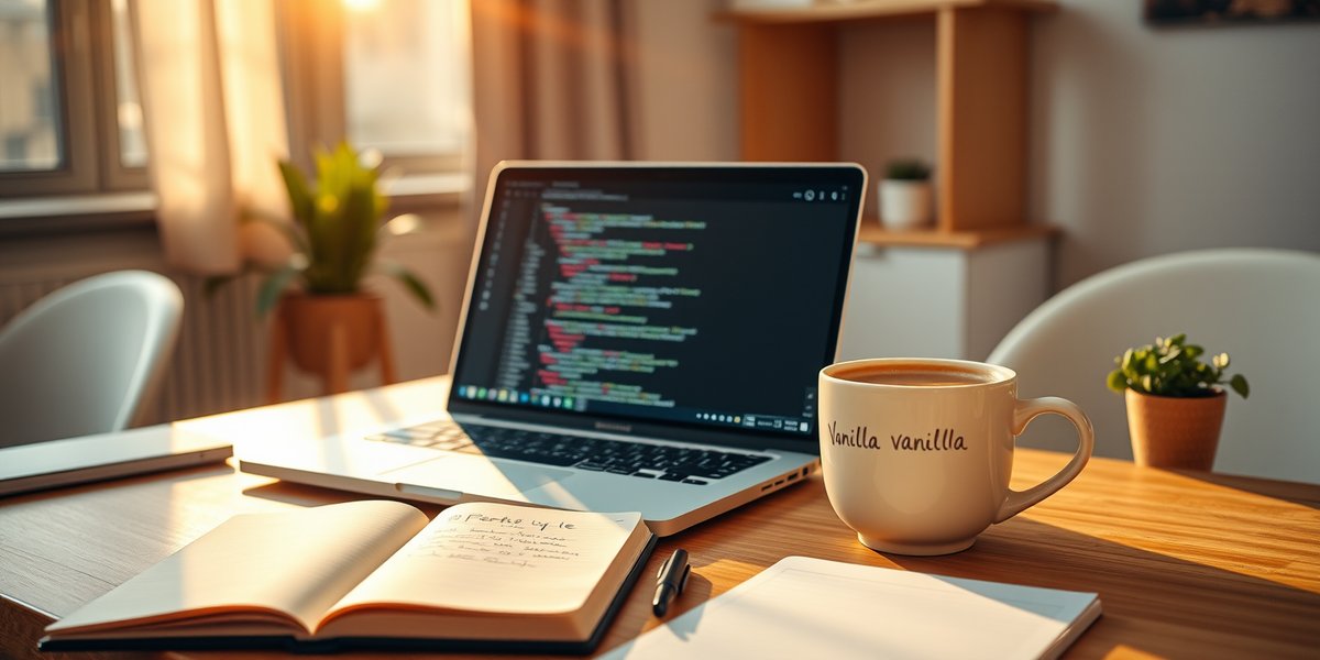 Tidy home desk with open laptop, notebook, and a FocusFlow mug in warm late-morning light