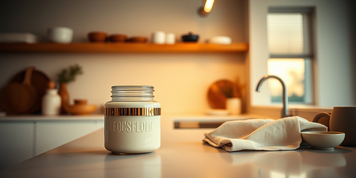 FocusFlow jar on a kitchen counter at dusk with cream linen and minimal ceramics in soft warm light