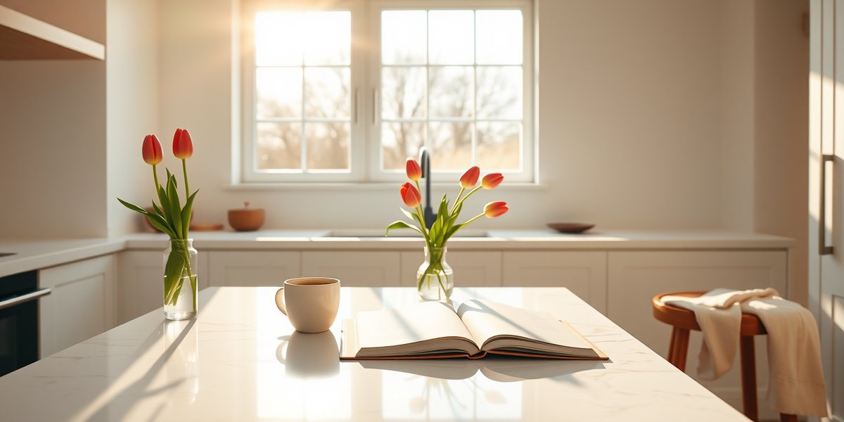 Warm morning sunlight on a marble kitchen counter with a single FocusFlow mug and open notebook