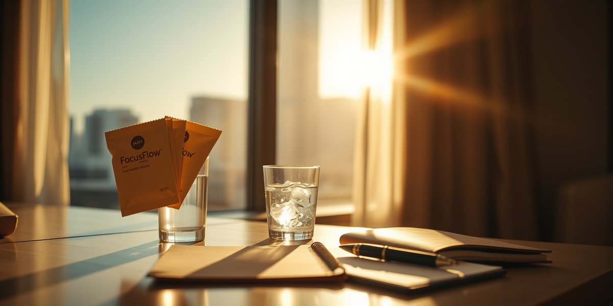 Hotel room desk with fanned FocusFlow travel sachets, glass of cold water, and a leather notebook